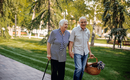 An adult couple holding hands in the park