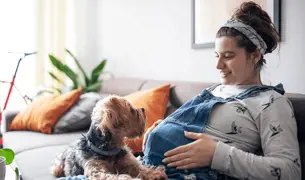 אישה בהיריון עם כלב